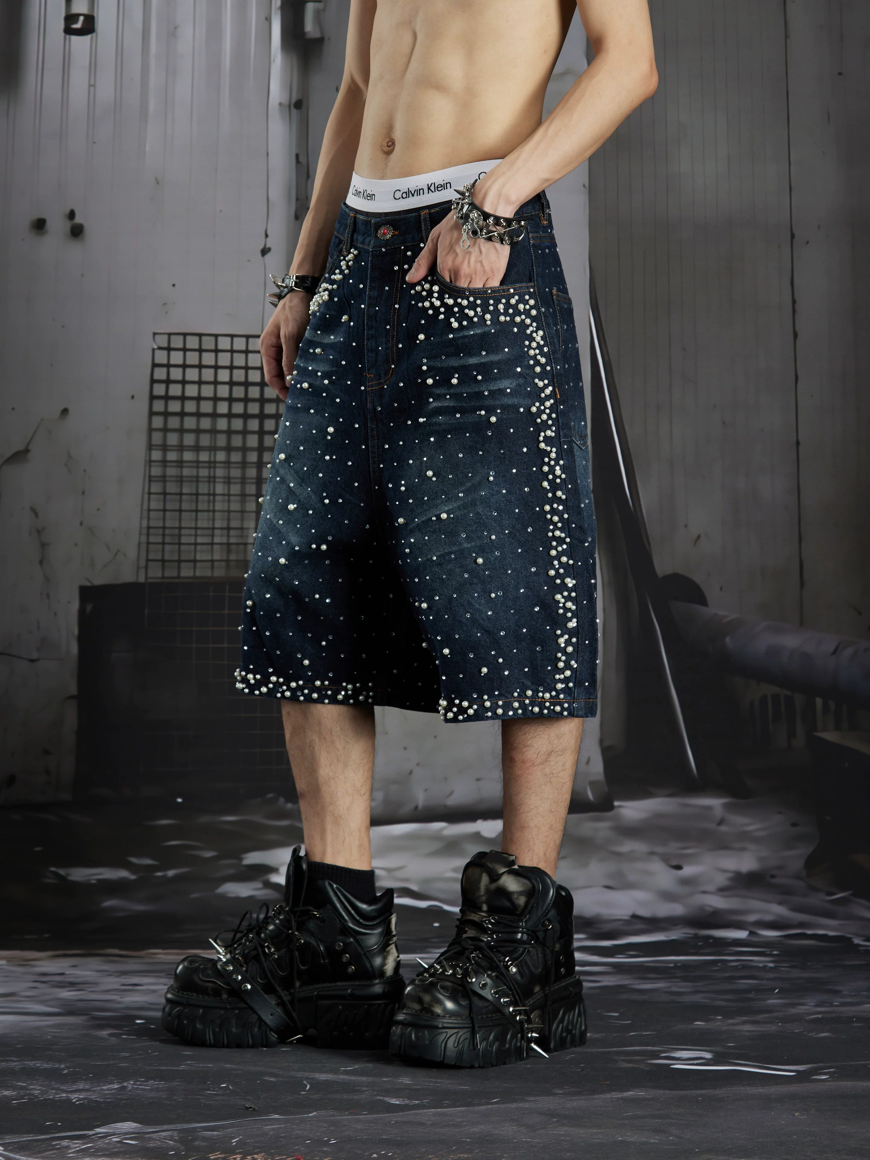 Distressed Studded Denim Cropped Shorts