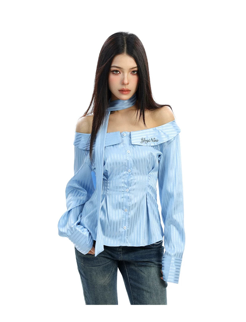 【26s Feb.】Korean Striped Off-Shoulder Waist-Fit Long-Sleeve Shirt