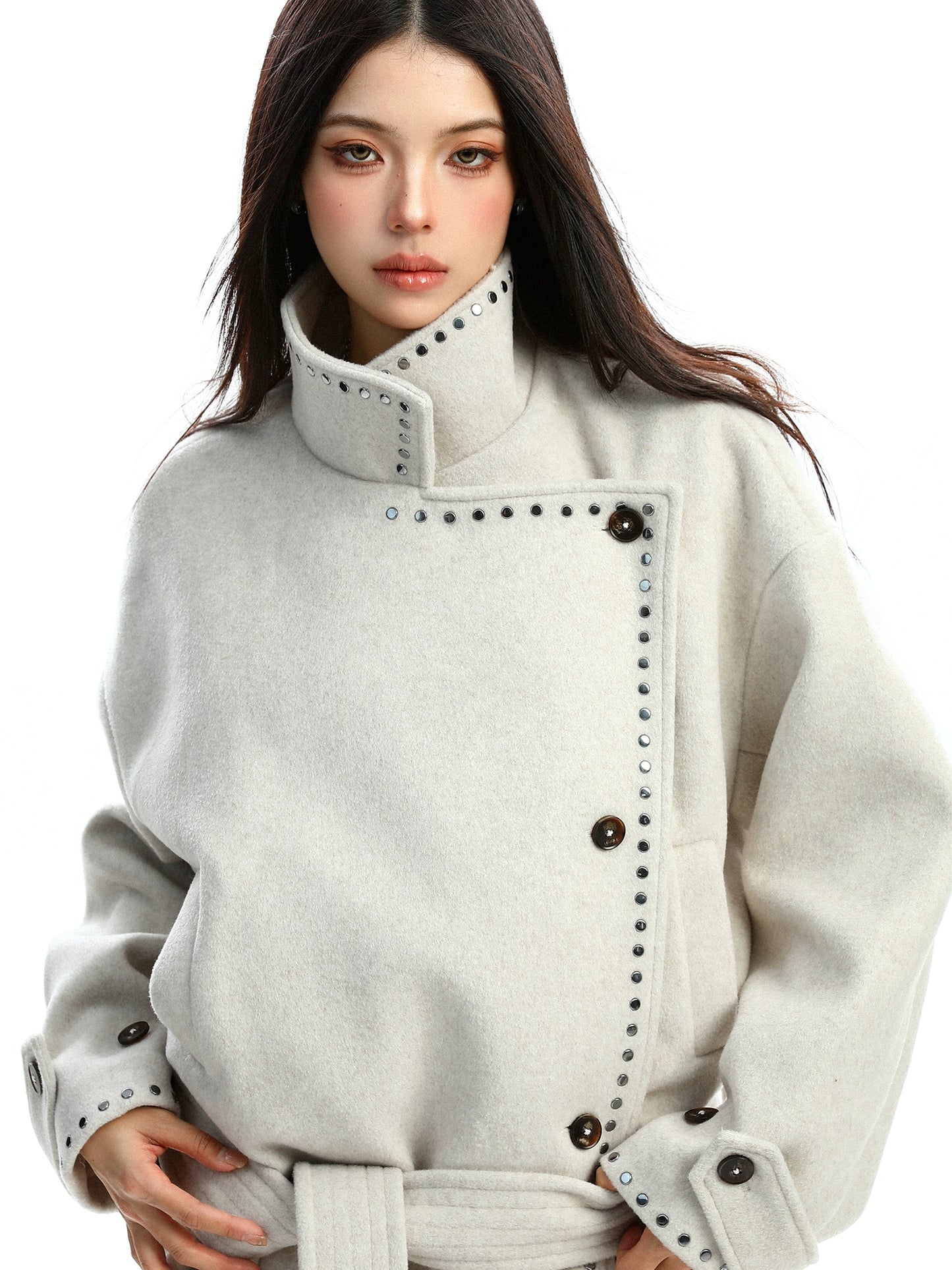 【25s Nov.】Studded Stand-up Collar Plush Coat