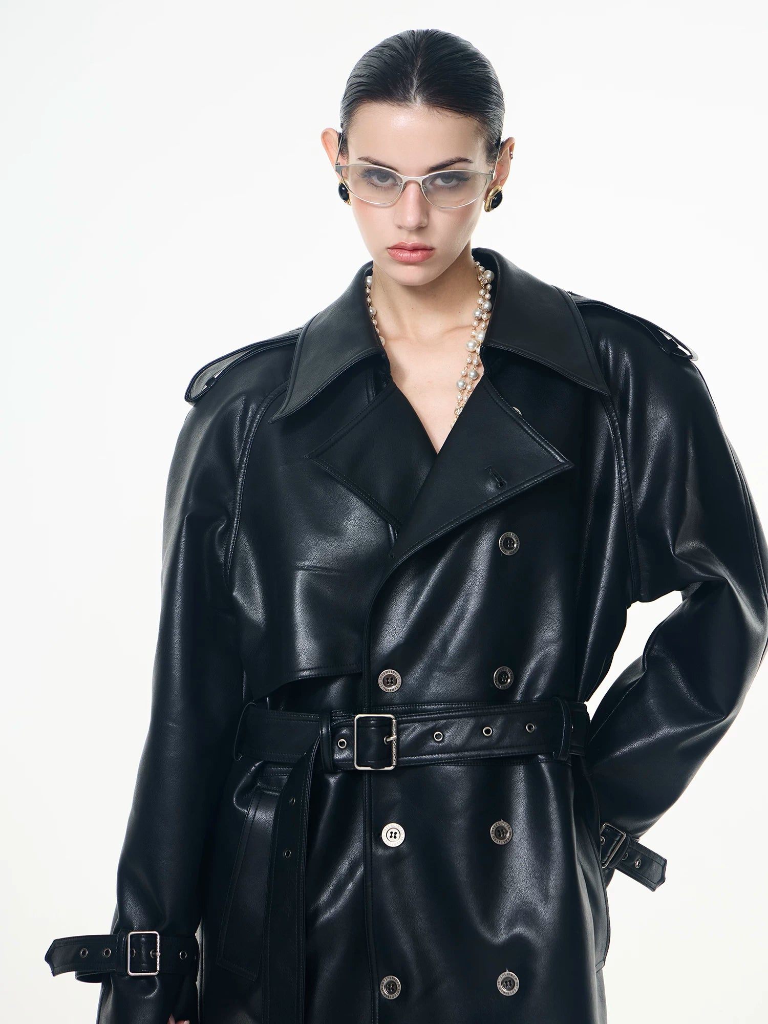 【26s May】Deconstructed PU Leather Double-Breasted Trench Coat