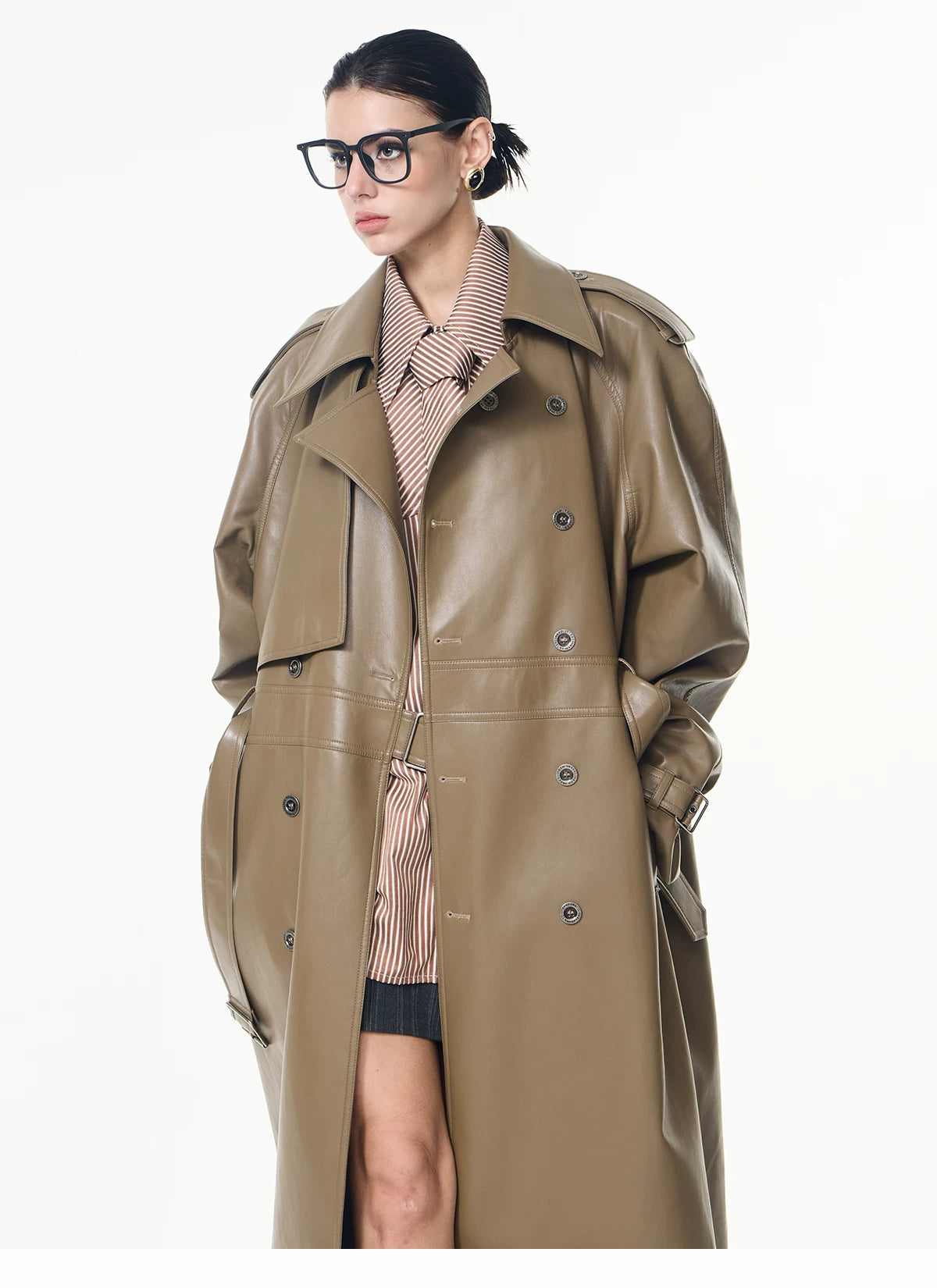 【26s May】Deconstructed PU Leather Double-Breasted Trench Coat