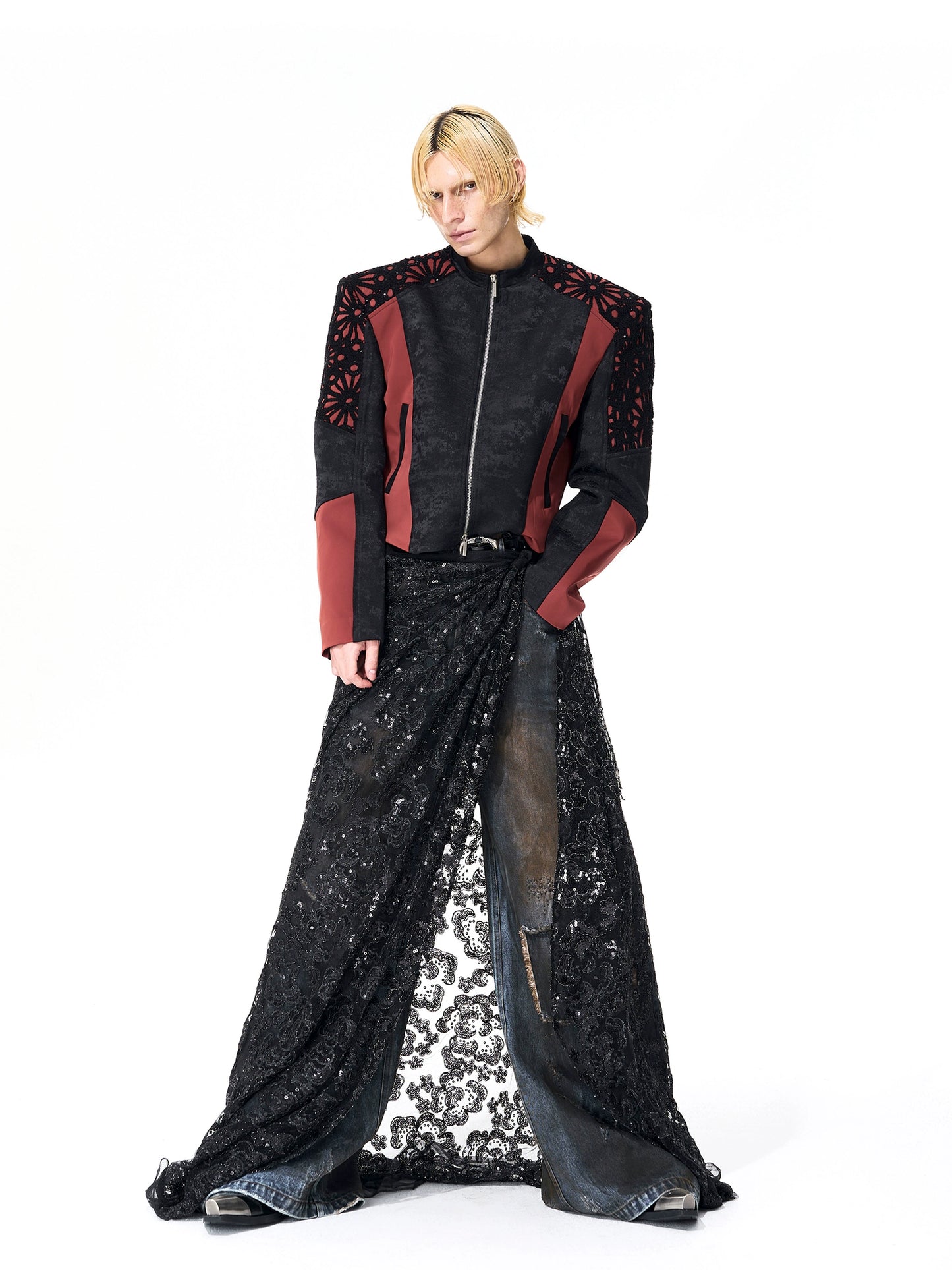 Floral Embroidered Cropped Leather Jacket