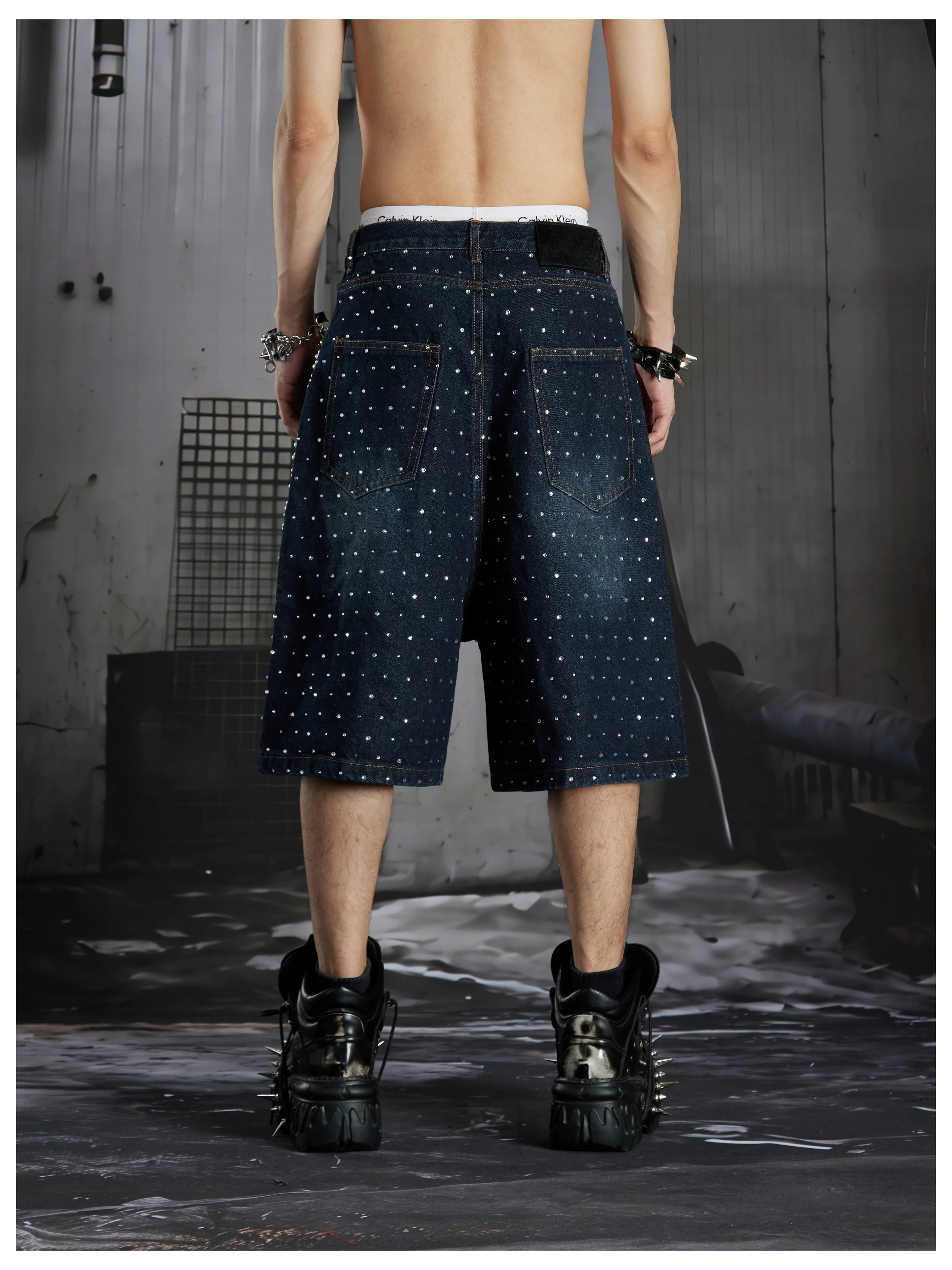 Distressed Studded Denim Cropped Shorts