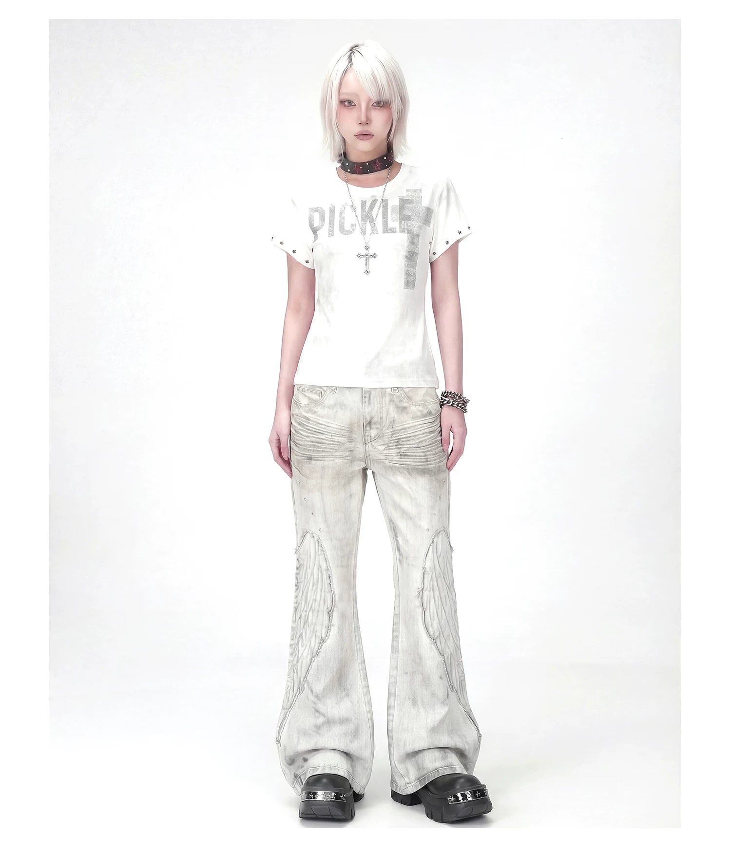 【26s Apr.】Distressed Wing Patch Flared Pants