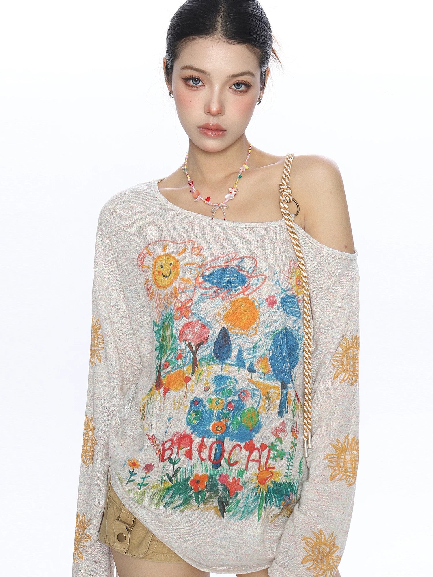 【26s May】Graffiti Sketch Asymmetric Shoulder Long Sleeve Top