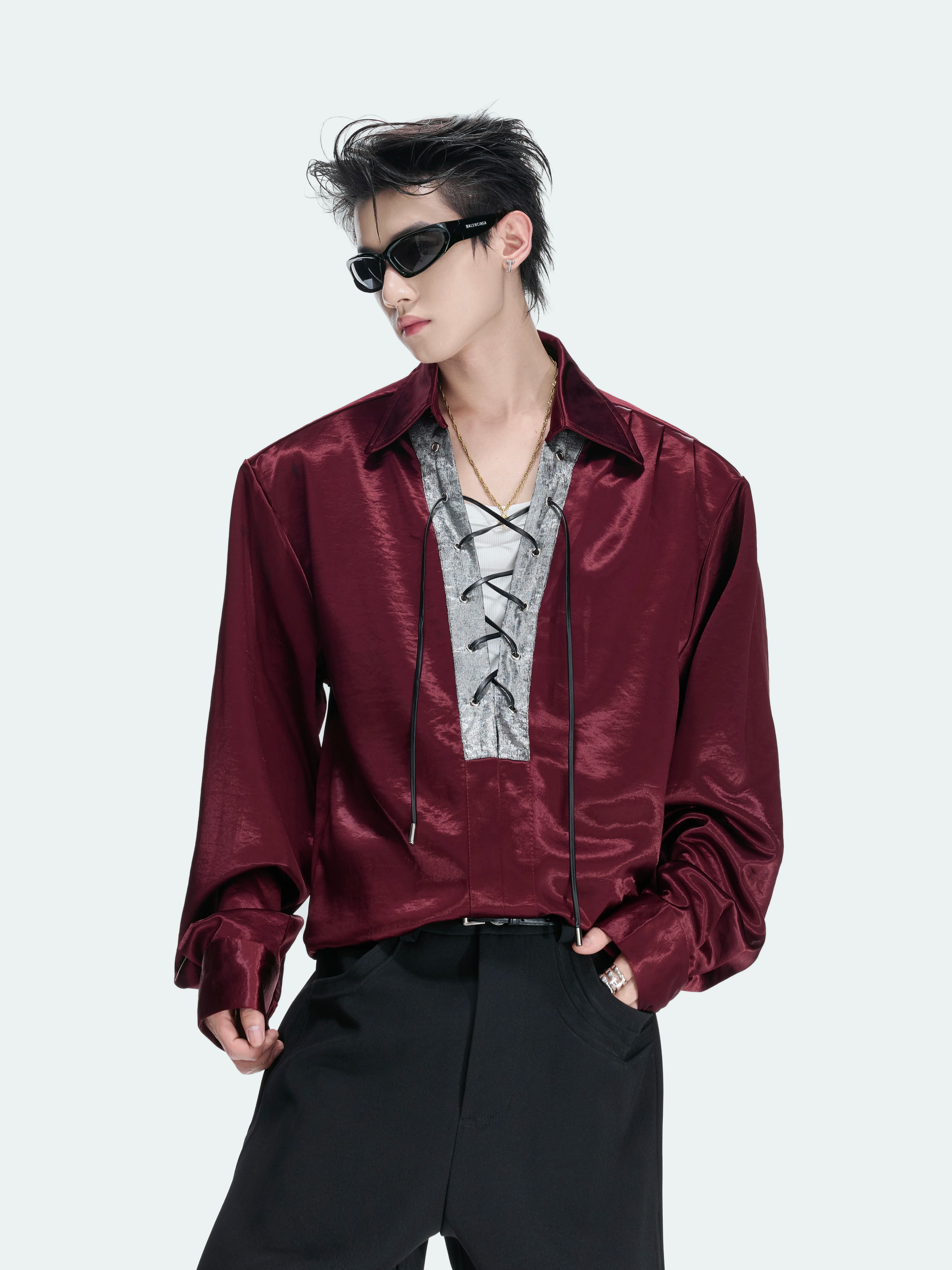 Contrast Lace-Up Satin V-Neck Shirt