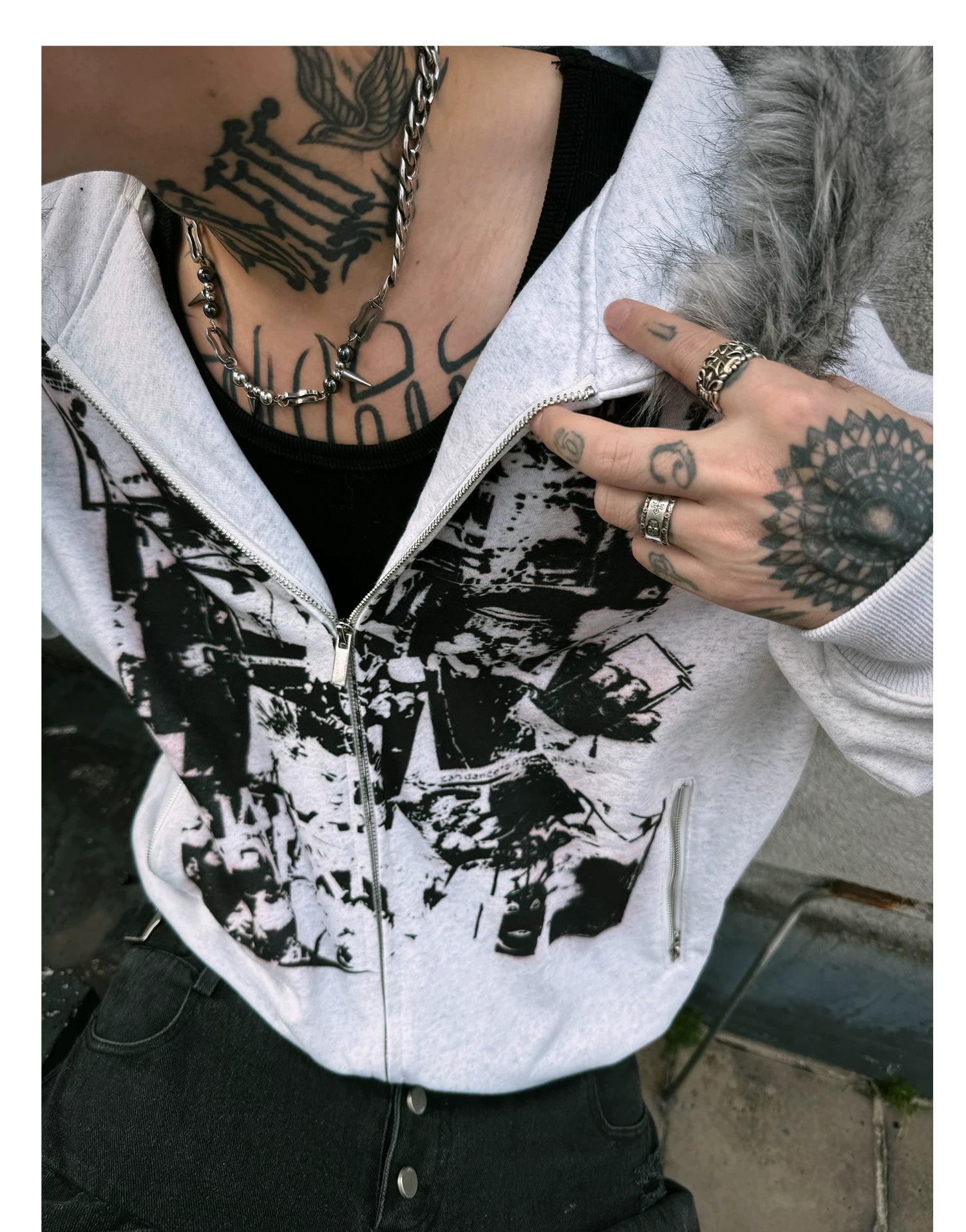 【26s Jan.】Vintage Printed Fur-Trim Zip-Up Hoodie Jacket