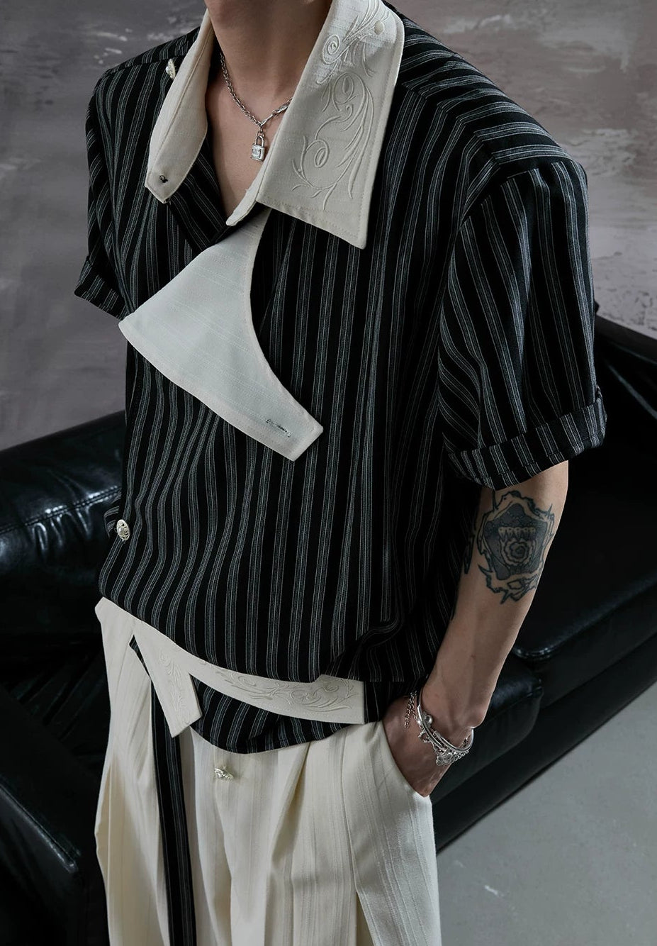 Embroidered Asymmetric Stripe Shirt Tee