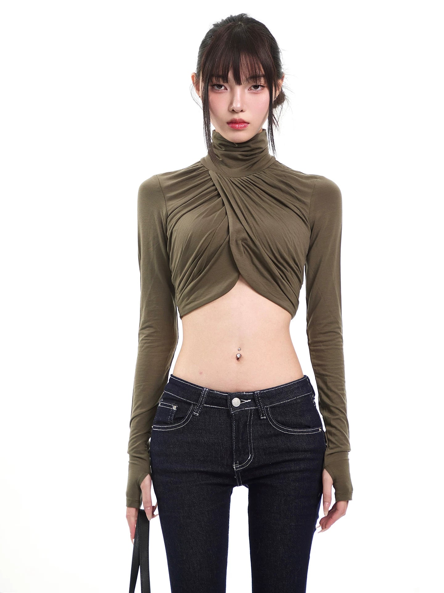 【26s Feb.】Army Green High-Neck Ruched Slim Cropped Top