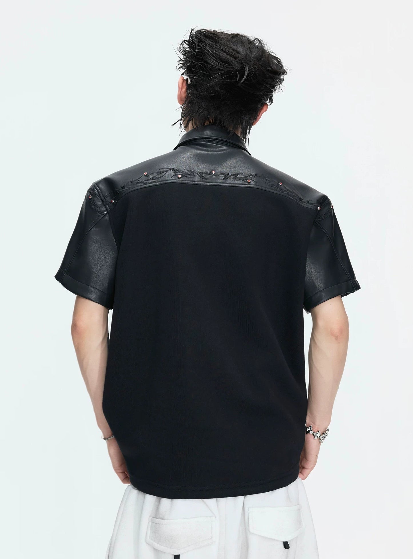 Leather Panel Studded Polo Tee