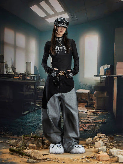 【25s Aug.】Patchwork Spray-Paint Contrast Wide-Leg Scimitar Jeans