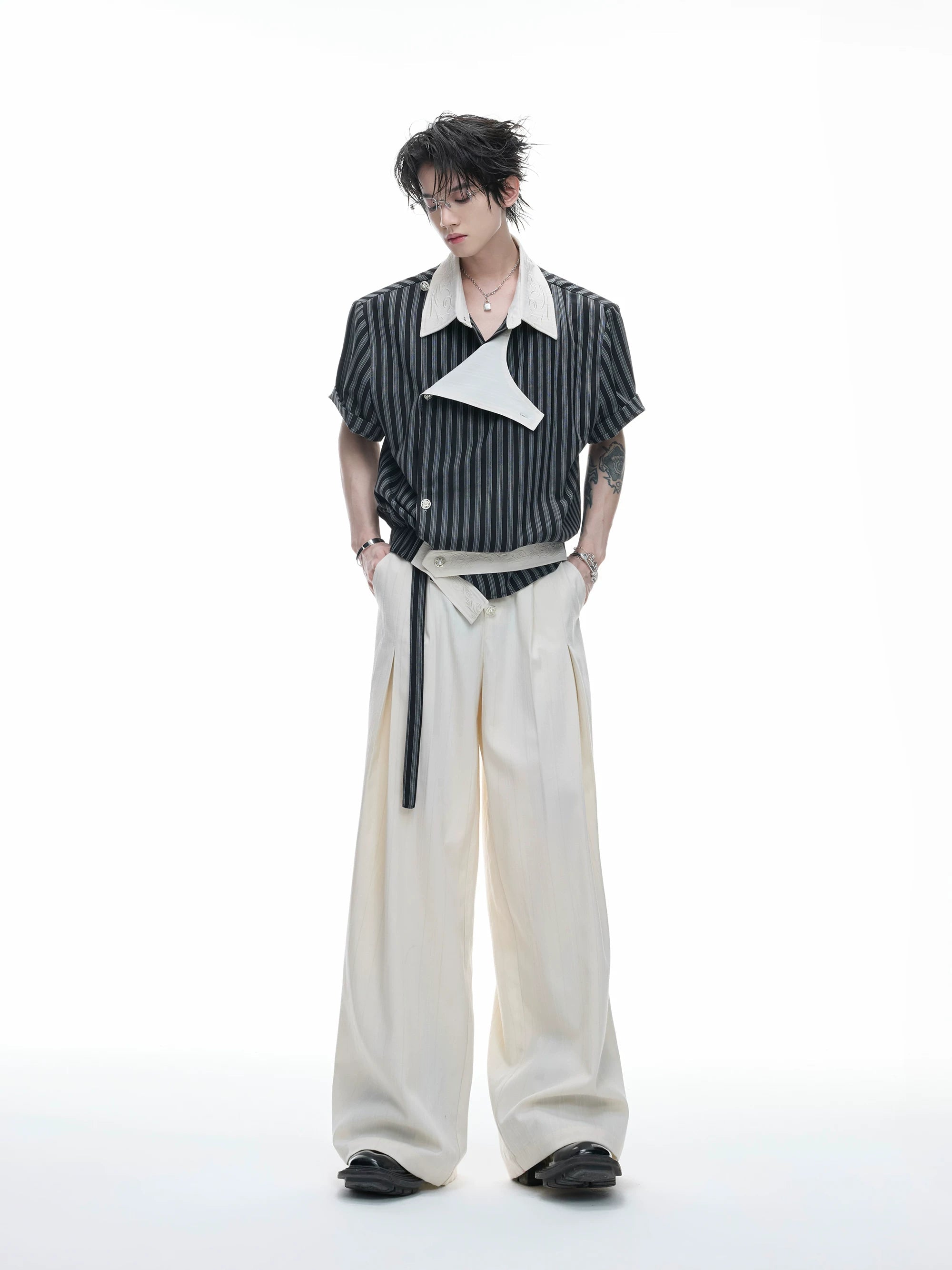 Embroidered Asymmetric Stripe Shirt Tee