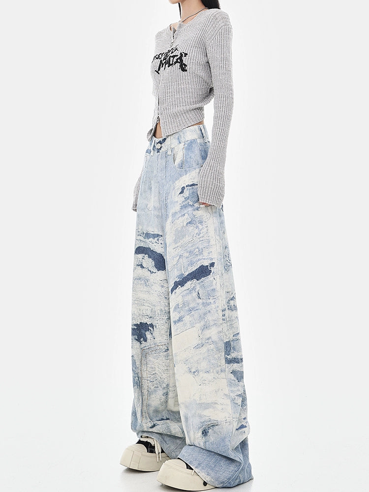【25s Jul.】High-Waist Washed Tie-Dye Wide Jeans