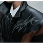 Embroidered Cropped Stand-up Collar Leather Jacket