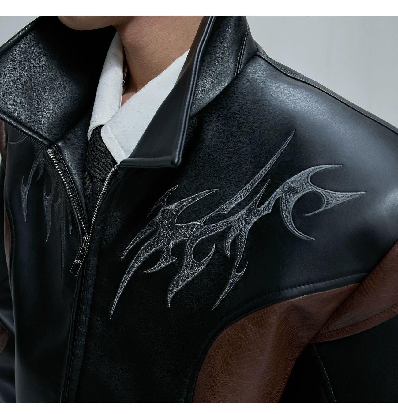 Embroidered Cropped Stand-up Collar Leather Jacket