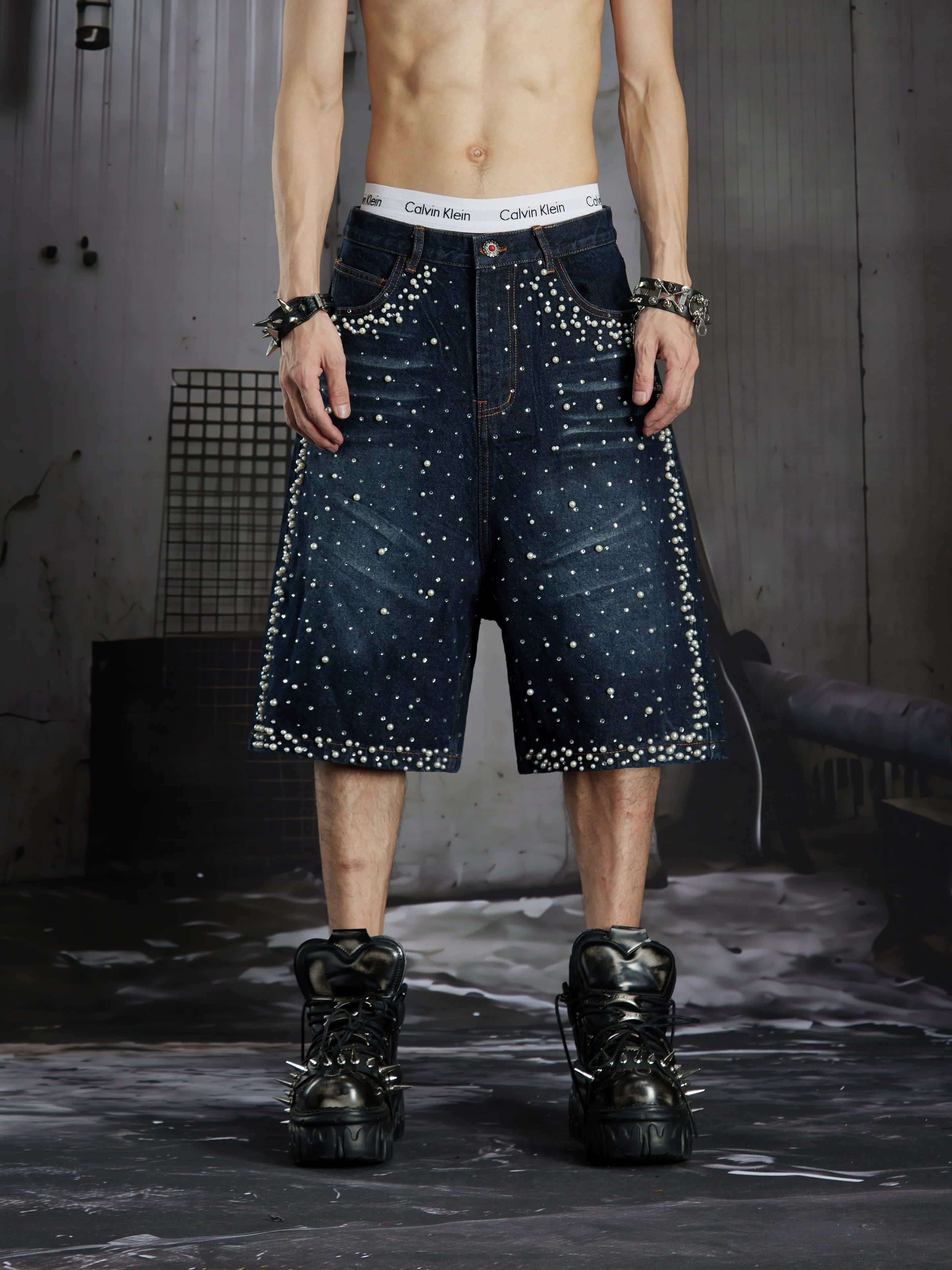 Distressed Studded Denim Cropped Shorts