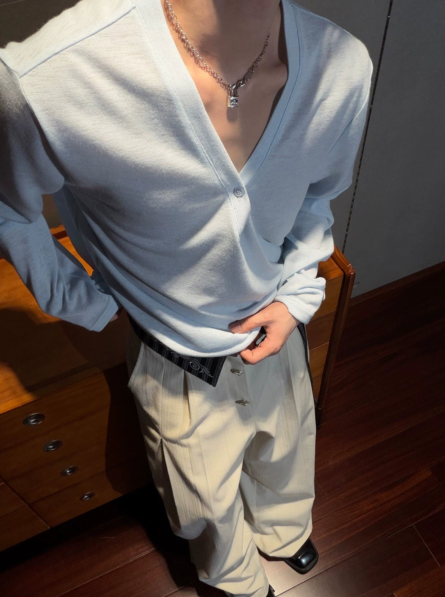 Deep V-Neck Relaxed Long Sleeve Tee
