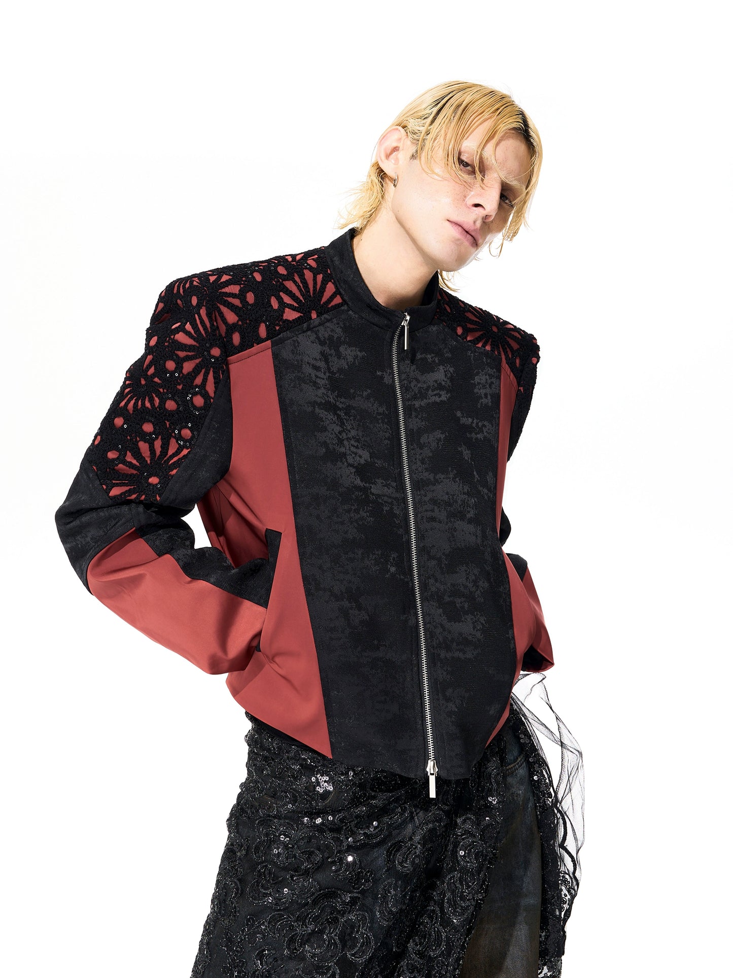 Floral Embroidered Cropped Leather Jacket