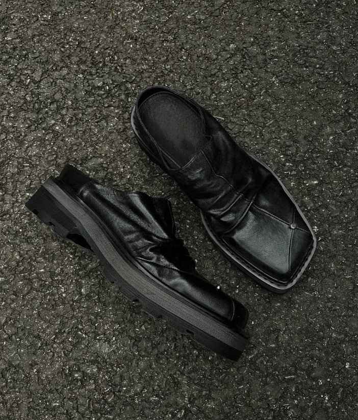 Dark Chunky Square-Toe Derby Mule Shoes