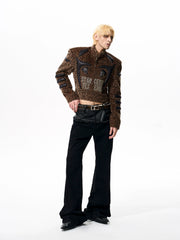 【25s Oct.】Leopard Print Leather and Rhinestone Stand Collar Jacket