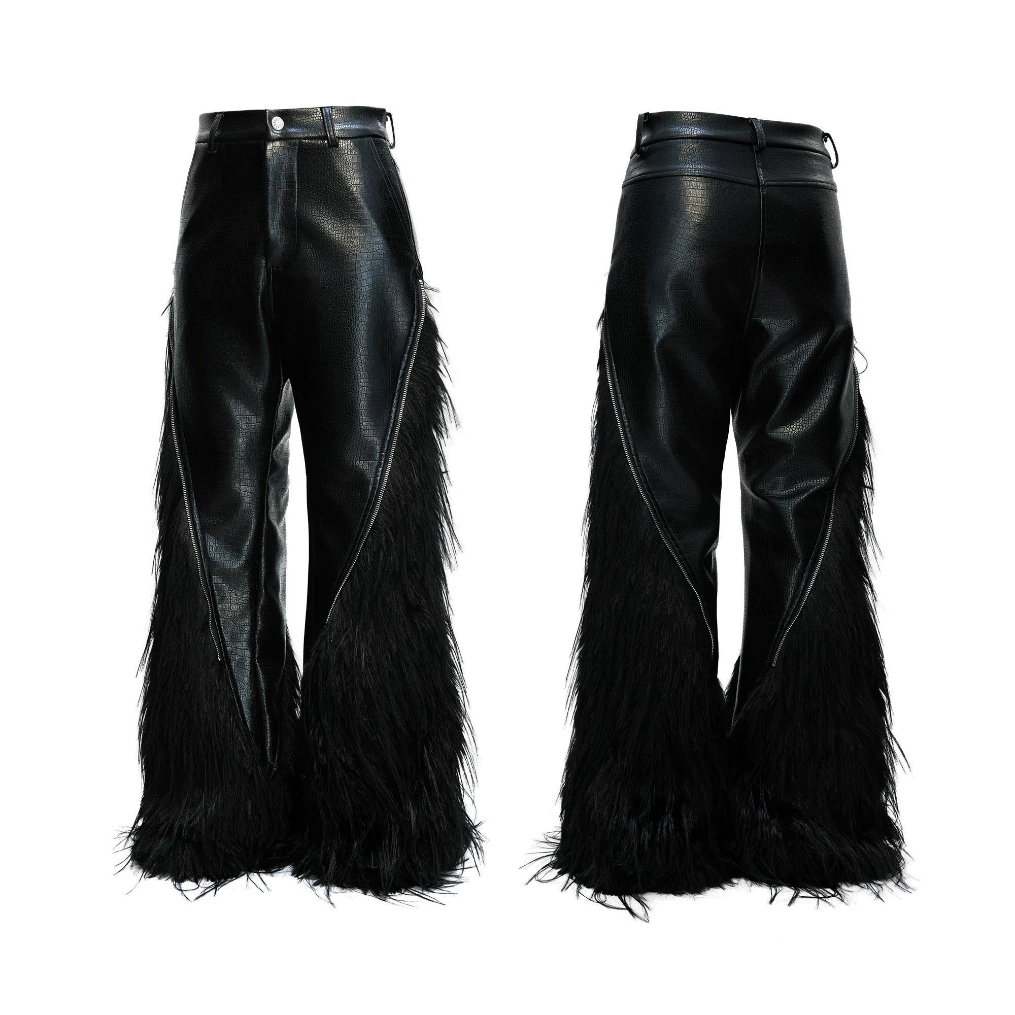 【26s Feb.】Deconstructed Faux Wolf Fur Croc-Embossed Leather Wide-Leg Pants