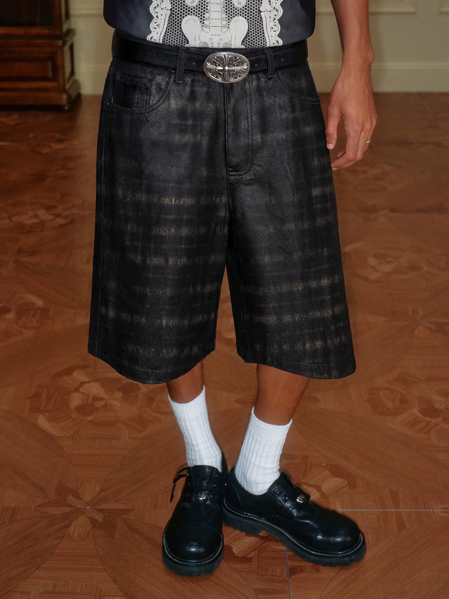 Waxed Patchwork Plaid Cropped Shorts