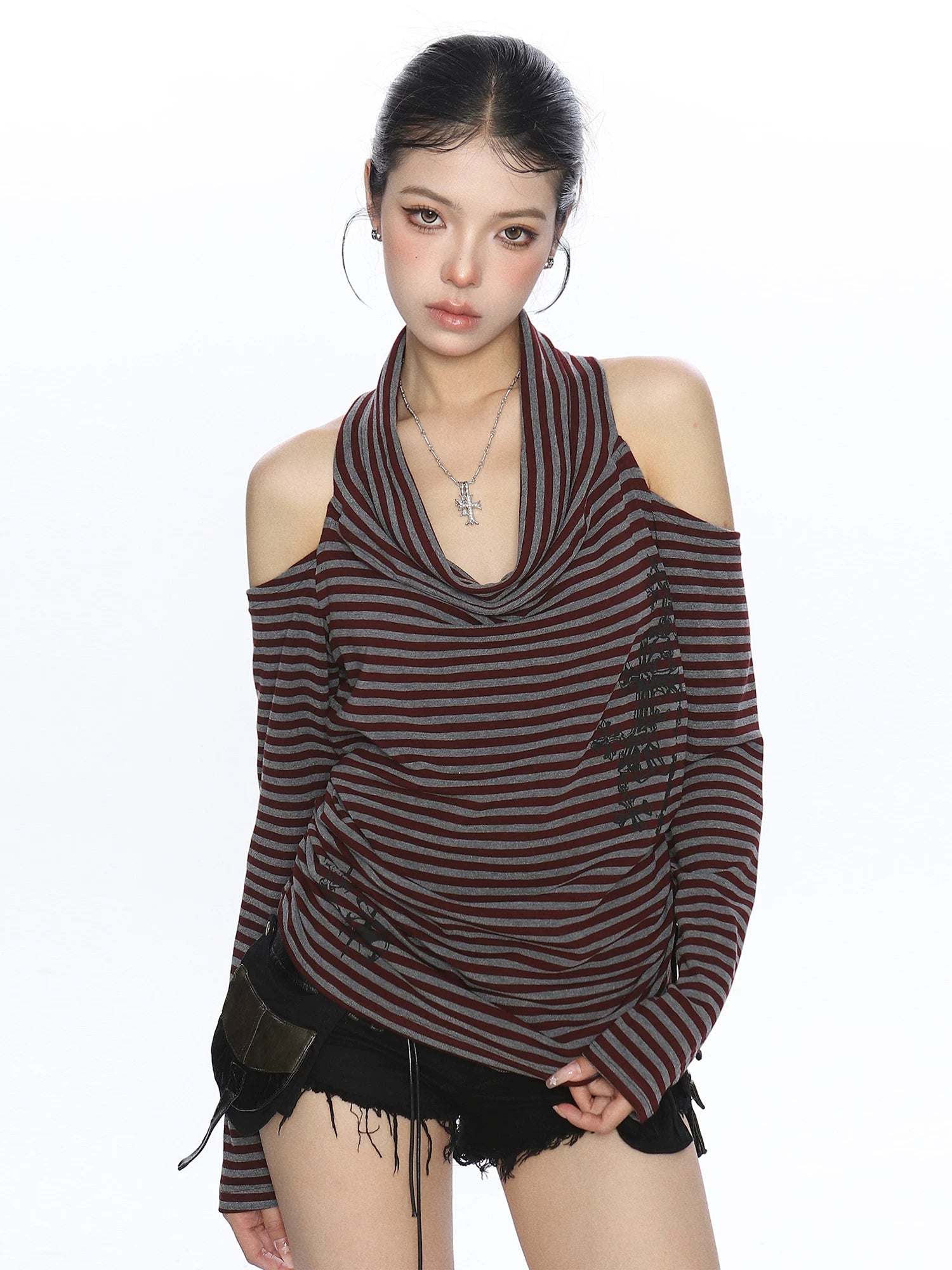 【26s May】Cross Stripe Halter Draped Long Sleeve Top
