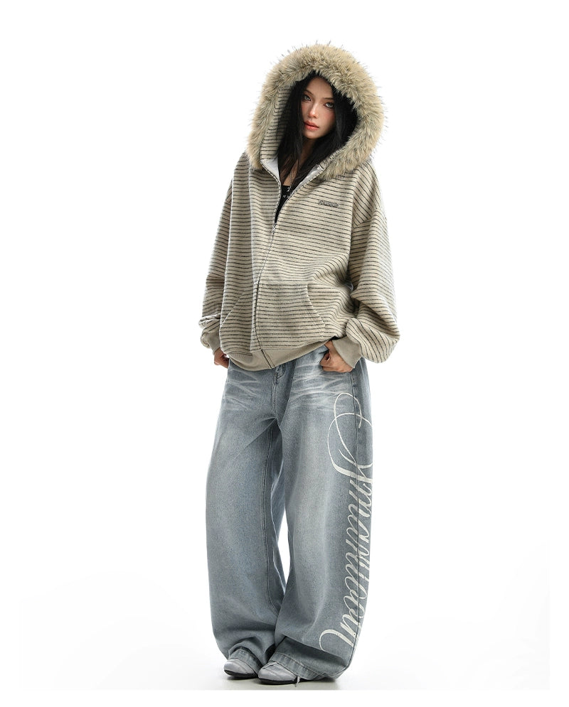 【25s Nov.】Striped Detachable Fur Collar Hooded Sweatshirt