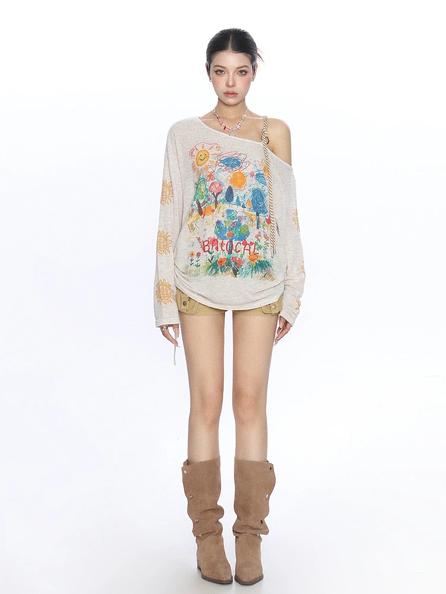 【26s May】Graffiti Sketch Asymmetric Shoulder Long Sleeve Top