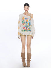 【26s May】Graffiti Sketch Asymmetric Shoulder Long Sleeve Top