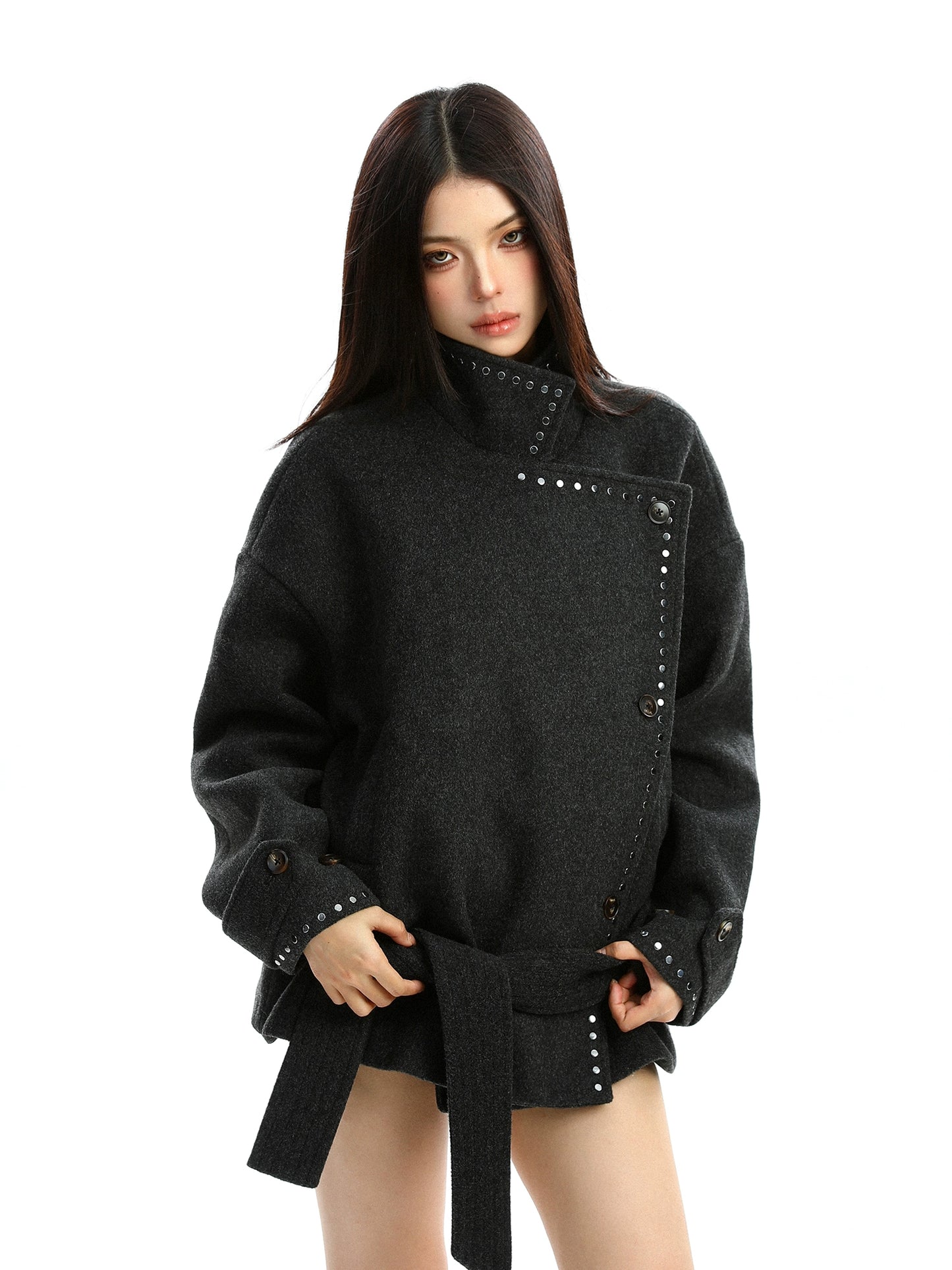 【25s Nov.】Studded Stand-up Collar Plush Coat