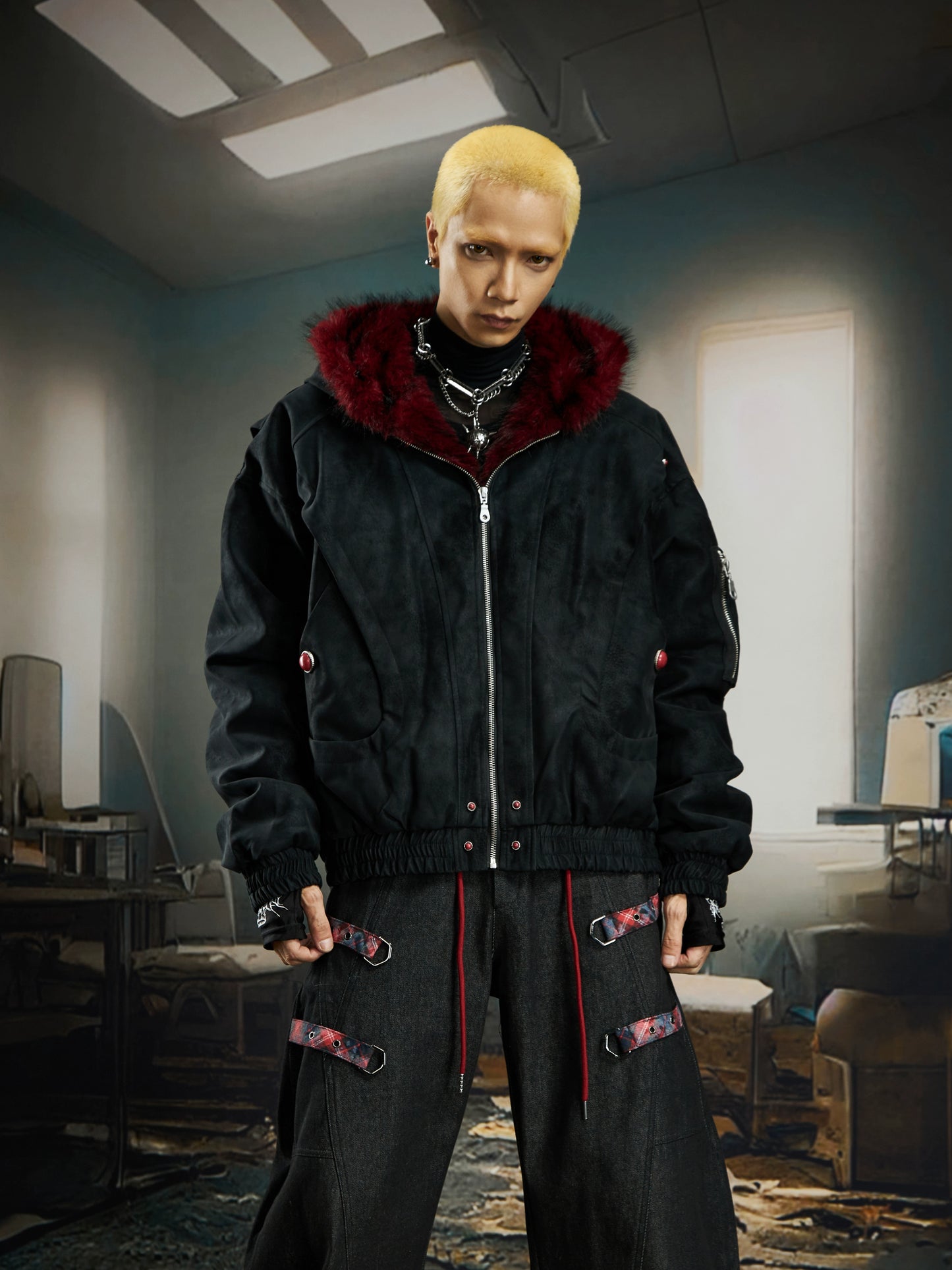 【25s Dec.】Red Plush Patchwork Textured Dark Short Jacket