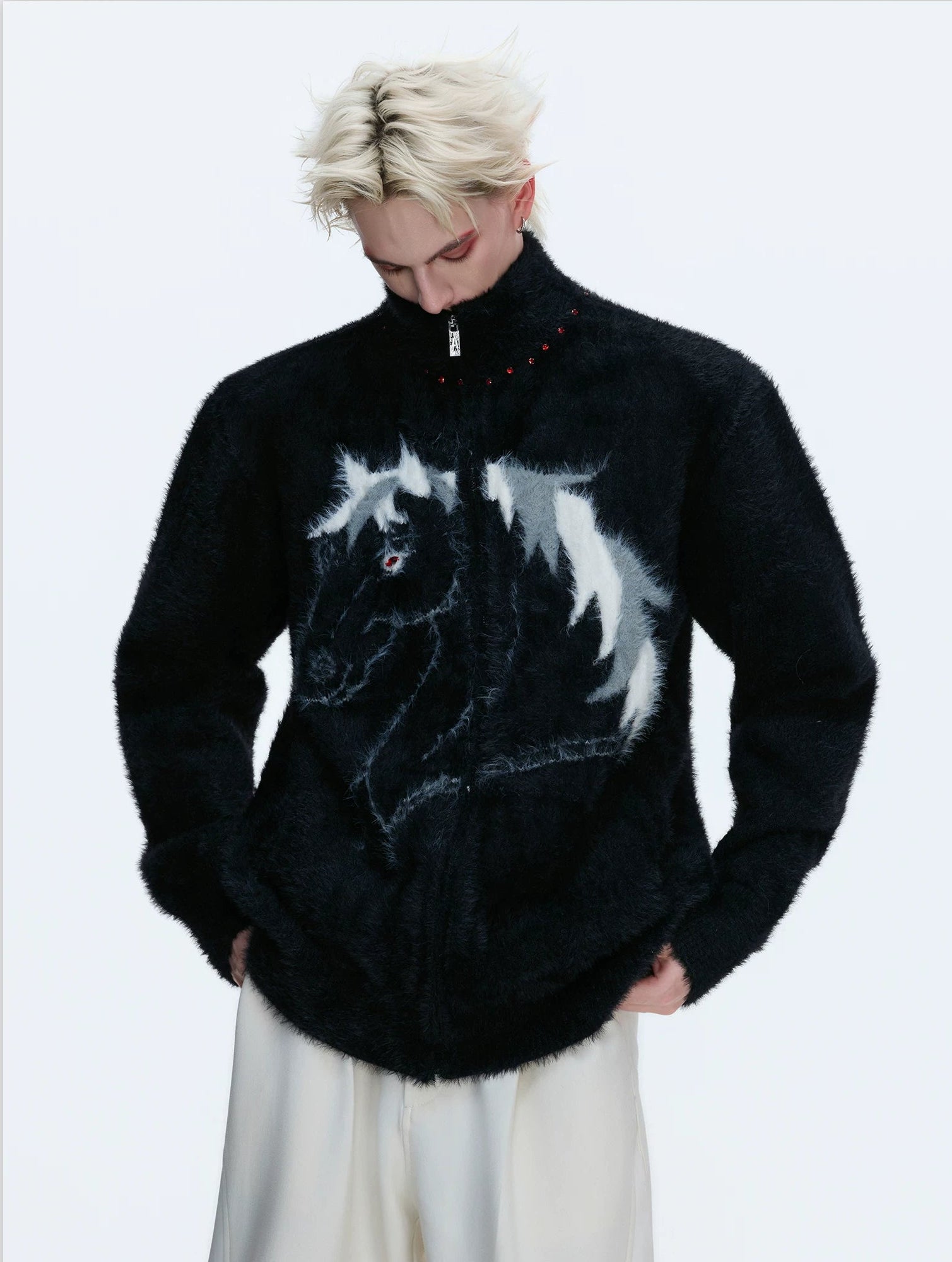 【26s Jan.】High-neck Horse Pattern Knit Cardigan