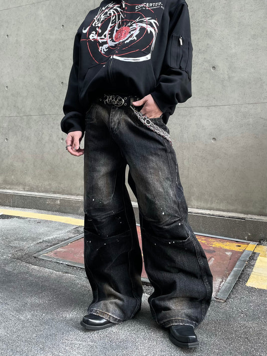 【25s Mar.】Wasteland Style Ink Splash Pleated Loose Jeans