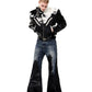 Cow Print Diagonal Zipper Plush Patchwork Leather Jacket
