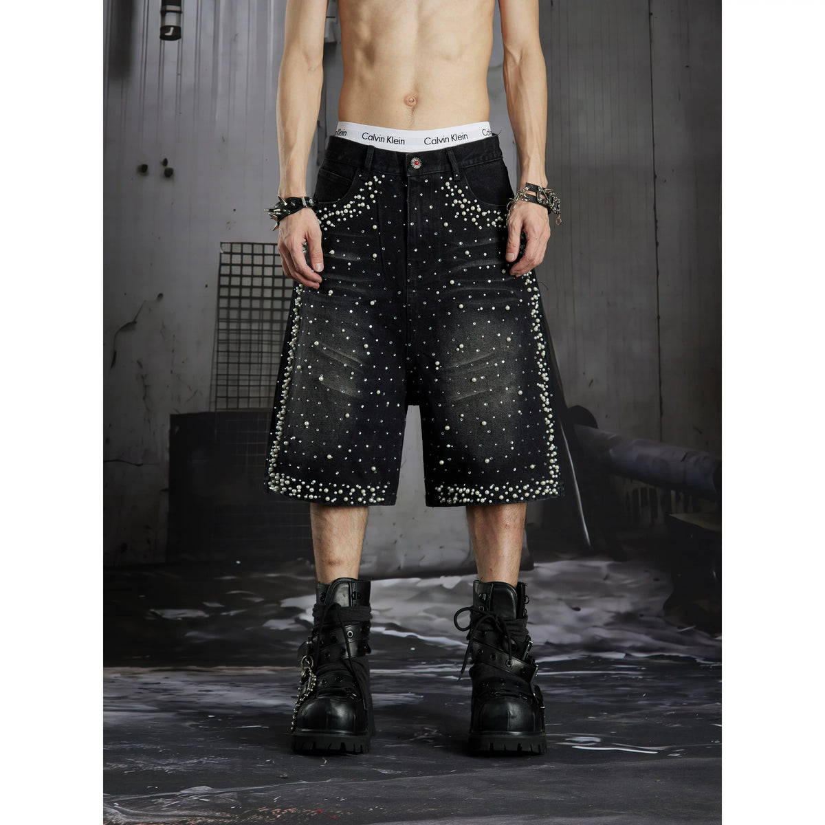 Distressed Studded Denim Cropped Shorts