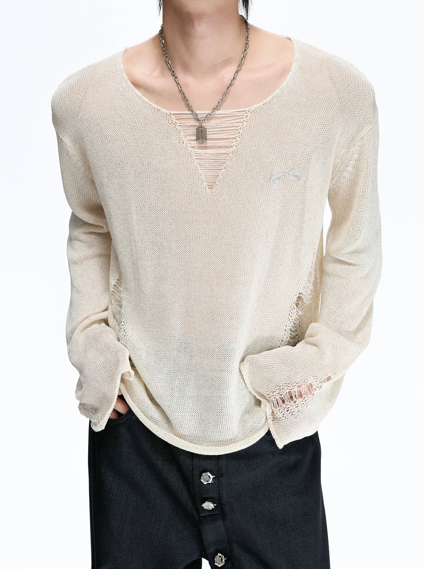 Distressed Mesh V-Neck Knit Top