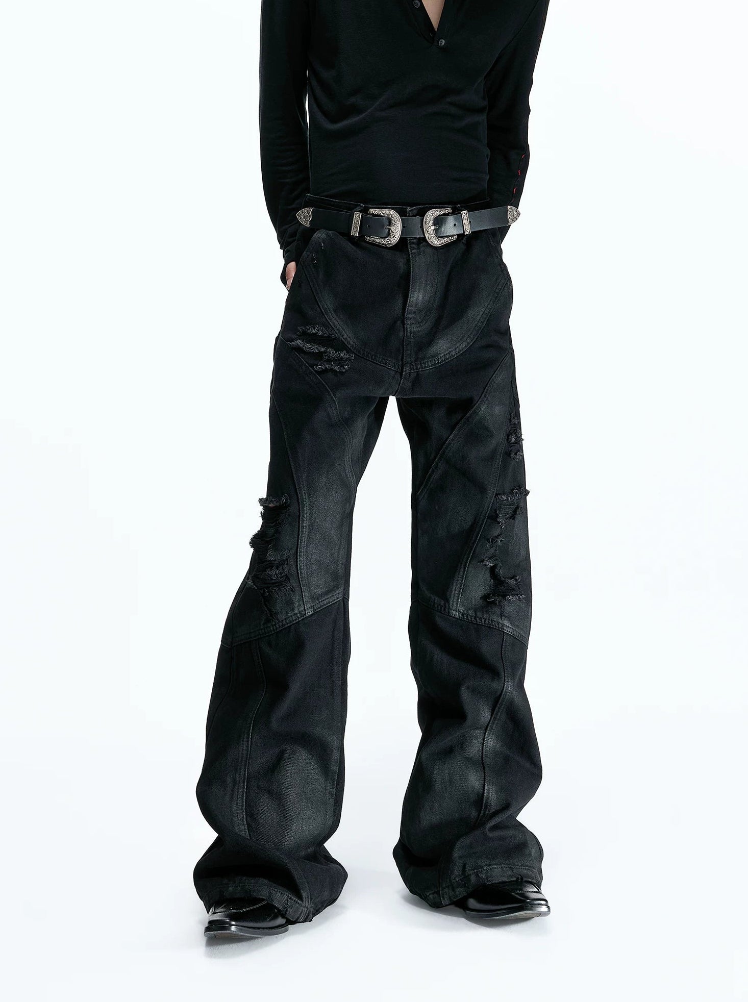 Deconstructed Wax Coated Flared Jeans