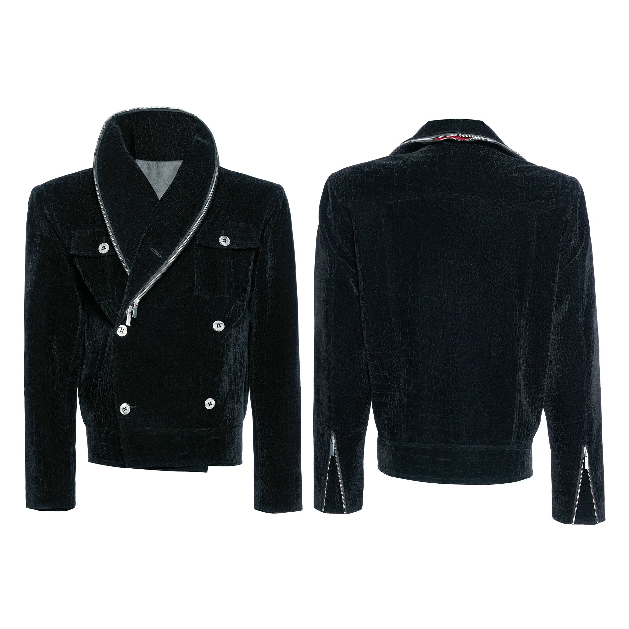 Custom Suede Crocodile Texture Slim Asymmetric Zip Jacket
