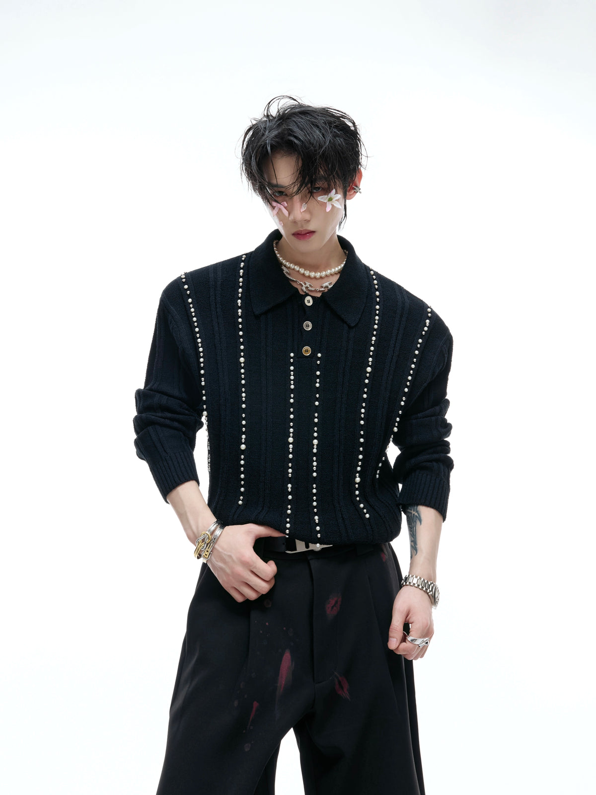 【25s Aug.】Pearl-Embellished Knit Polo Shirt