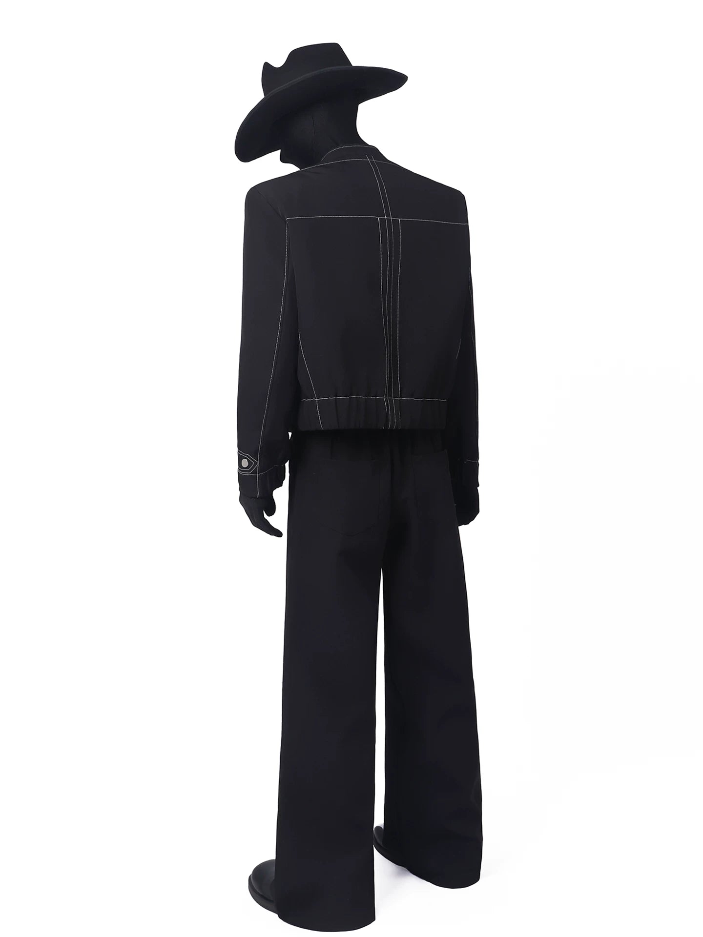 Black Contrast-Stitch Stand Collar Suit