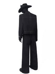 Black Contrast-Stitch Stand Collar Suit