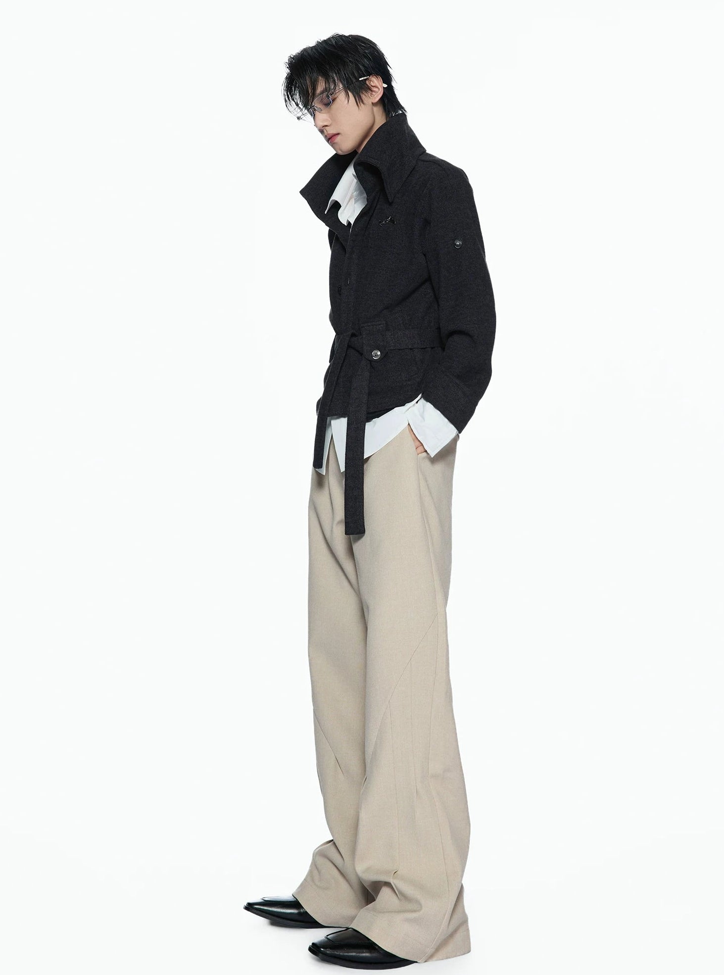 Textured Embroidered Jacquard Visor Flared Dress Pants