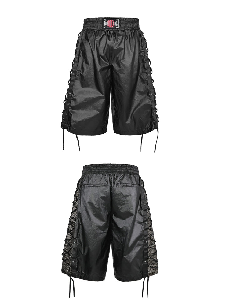 【25s Jul.】Tie-straps Glossy Coating Stitching Honeycomb Mesh Cropped Shorts