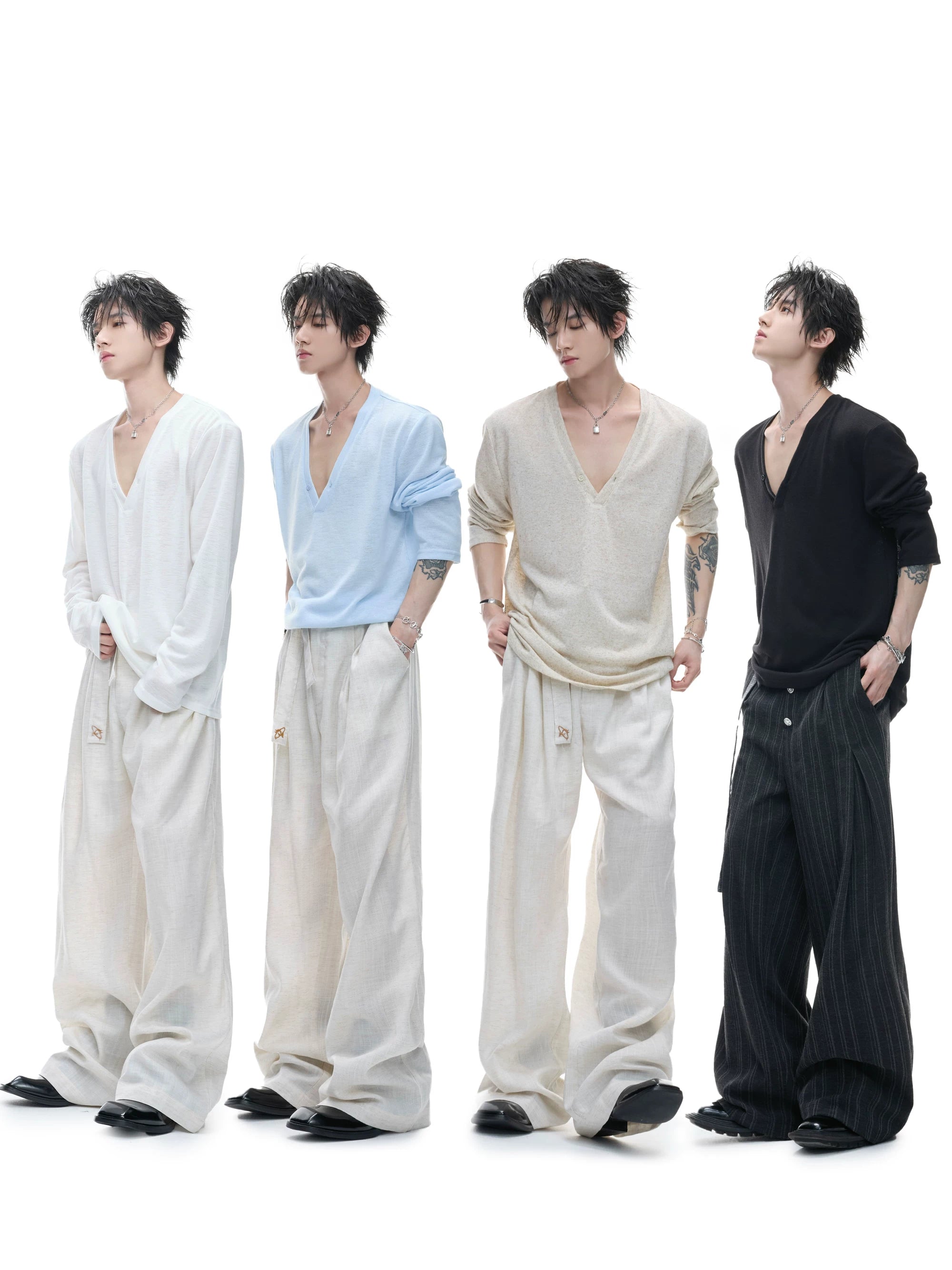 Deep V-Neck Relaxed Long Sleeve Tee