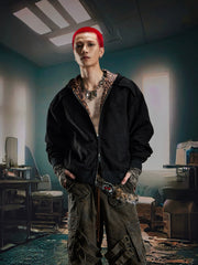 【25s Sep.】Leopard Print Paneled Double Zip Hooded Sweatshirt