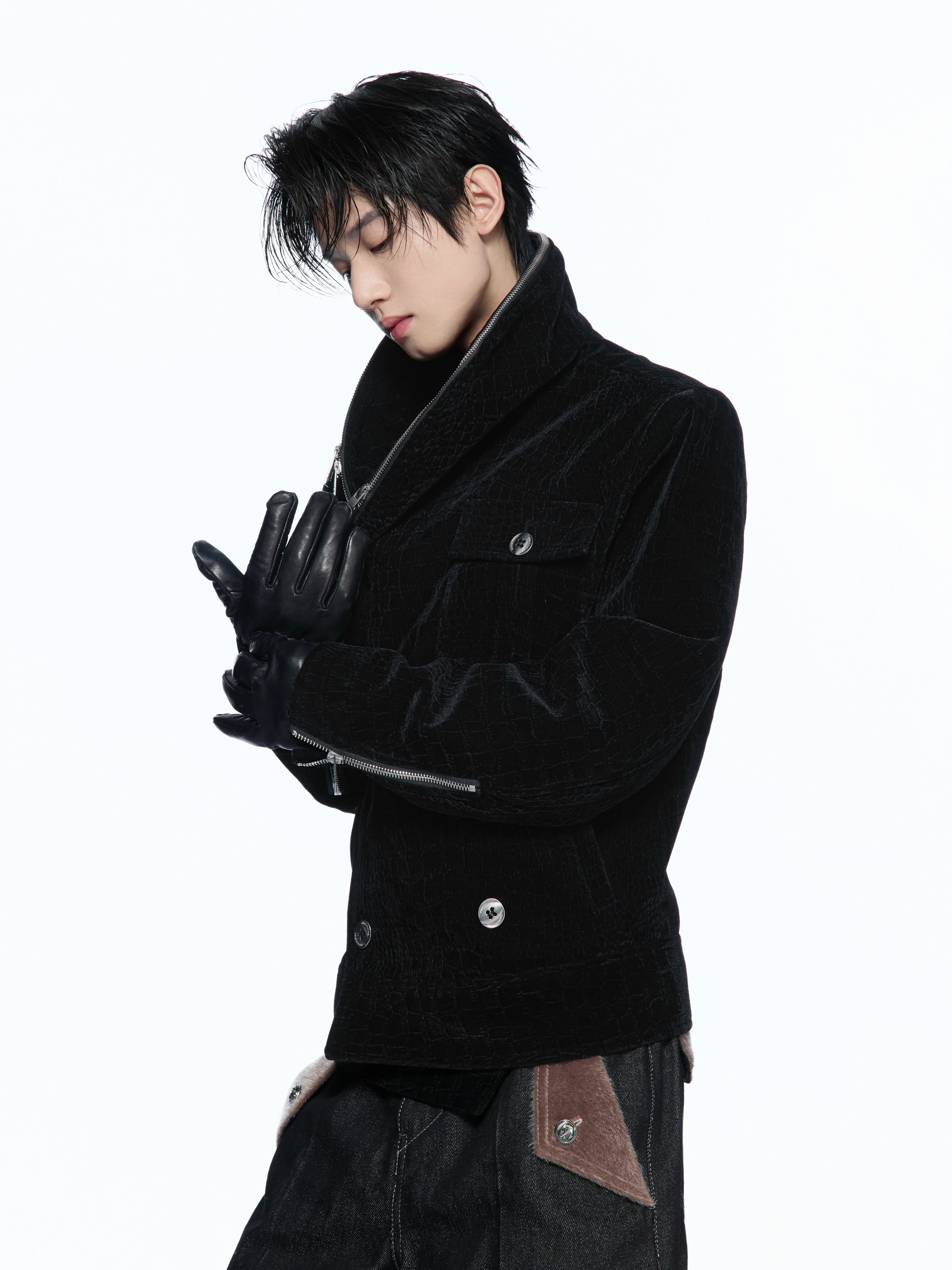 Custom Suede Crocodile Texture Slim Asymmetric Zip Jacket