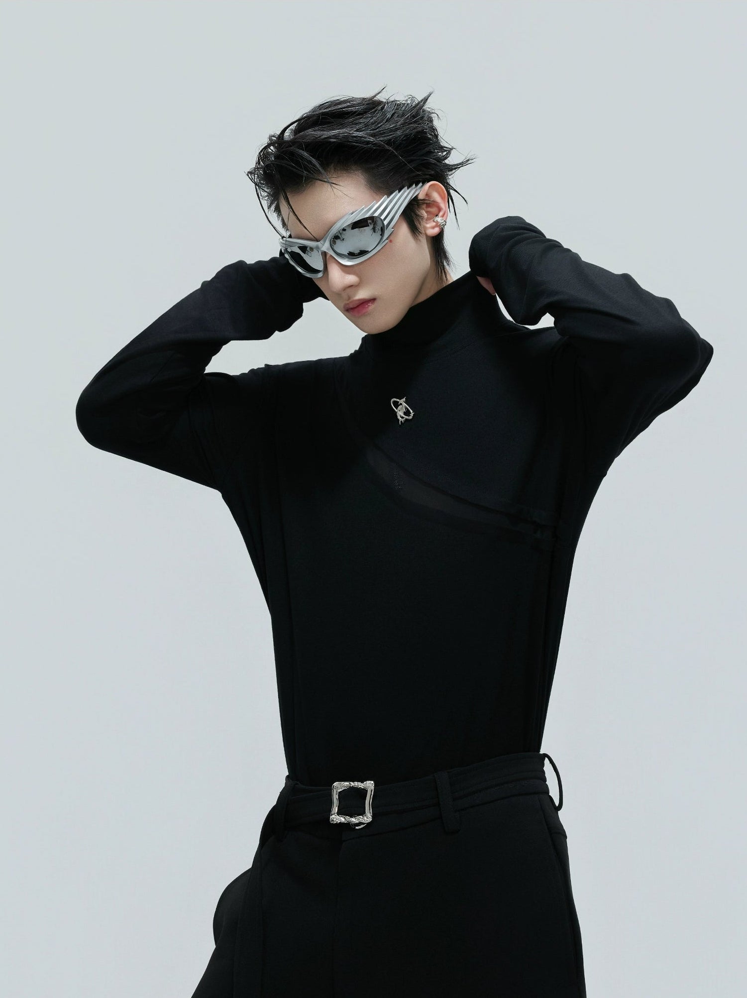 【25s Nov.】High-neck Deconstructed Base Layer High-elastic Metallic T-shirt