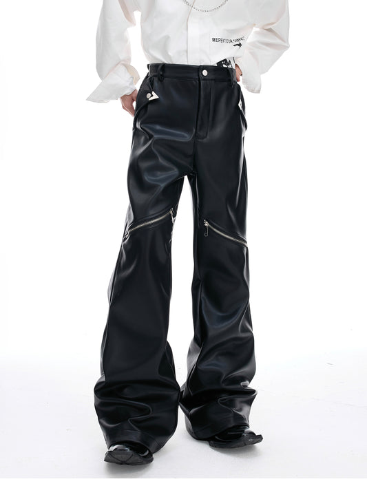 【25s Aug.】Vintage Metal Zipper Shiny Leather Pants