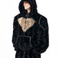 Contrast Color Heart Thickened Faux Mink Hooded Jacket / Pants